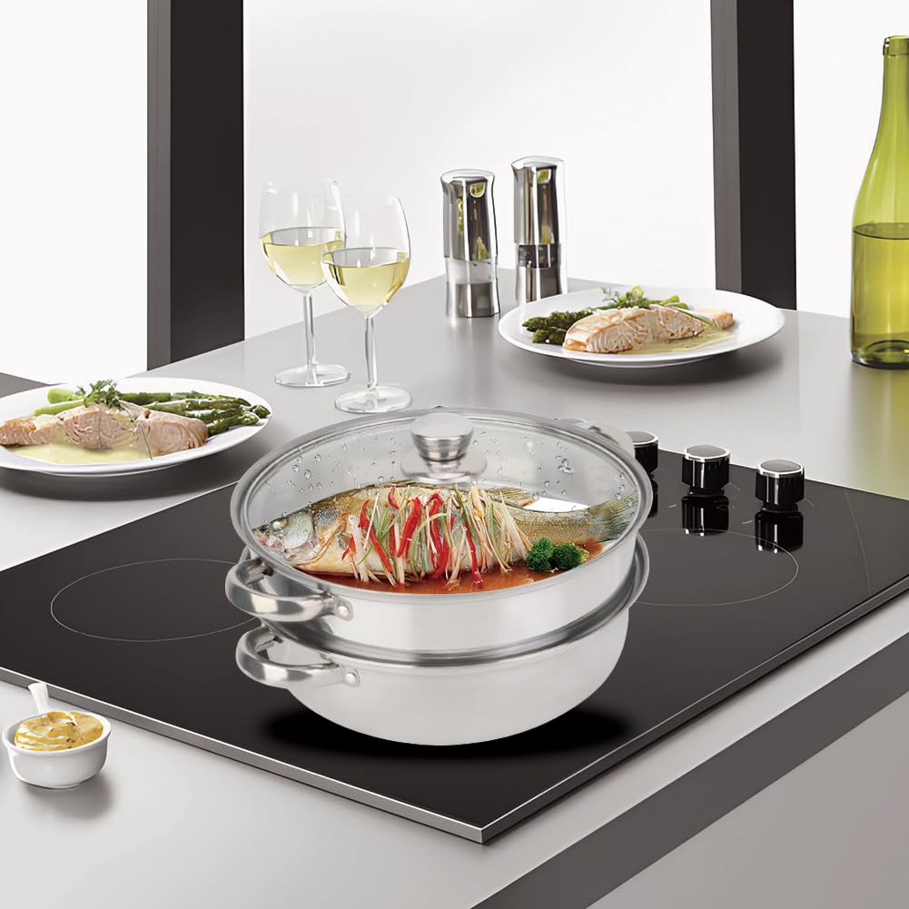 Tiiyee Steamer For Cooking, Vaporera De InduccióN Apilable Para Papas Mini Con Tapa Vidrio Cocinar Vapor Acero Inoxidable 2 Capas Olla Doble Caldera DiseñO Poroso Carne Y Ver Utensilios Cocina