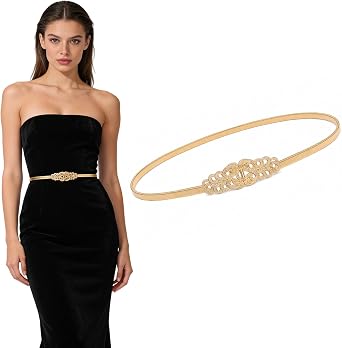 Dimore Women Fancy Belts for Dresses - Gold Metal Stretch Skinny Belt, Adjustable Band for Evening Wear & Party Dresses