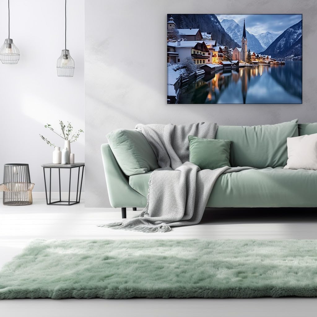 Canvas for Living room. Winter Serenity in a Snow-Kissed European Village by the Lake, 27 x 18 inch Canvas Wall Art - Contemporary Masterpieces - Modern Home Decor