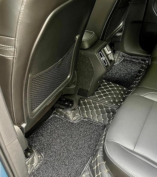 Image of Auto Ride 7D Luxury Car Mats for Mg Hector Plus (7 Seater)| Ultra-Premium PU Leather | Waterproof, Dustproof & Anti-Slip | Custom Fit All-Weather Floor Mats | Color : Black & Beige