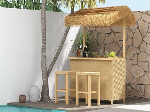 Grand Patio 2 Piece Outdoor Tropical Paradise Tiki Bars Stools, Phuket All Weather Resin Wicker Steel Islander Tiki Bar 2 Stools For Garden Patio, Natural #TOP4