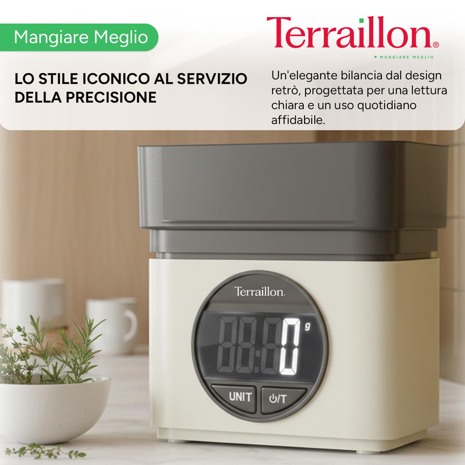TERRAILLON - BA22 MITICA - Bilancia da cucina elettronica, design iconico e retrò, ciotola integrata 0.7L, grande schermo LCD, display XXL numeri, funzione tara, crema