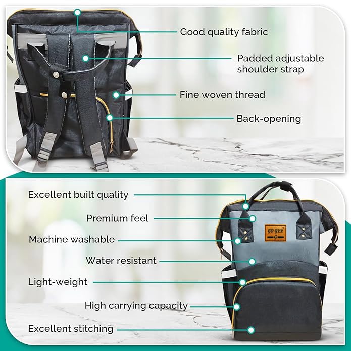 GO GEE Durable Diaper Bag for Mother Diaper Nappy Changing Bag Travel Shoulder Bag Nursing-Maternity Standard Backpack (Black Grey) 3