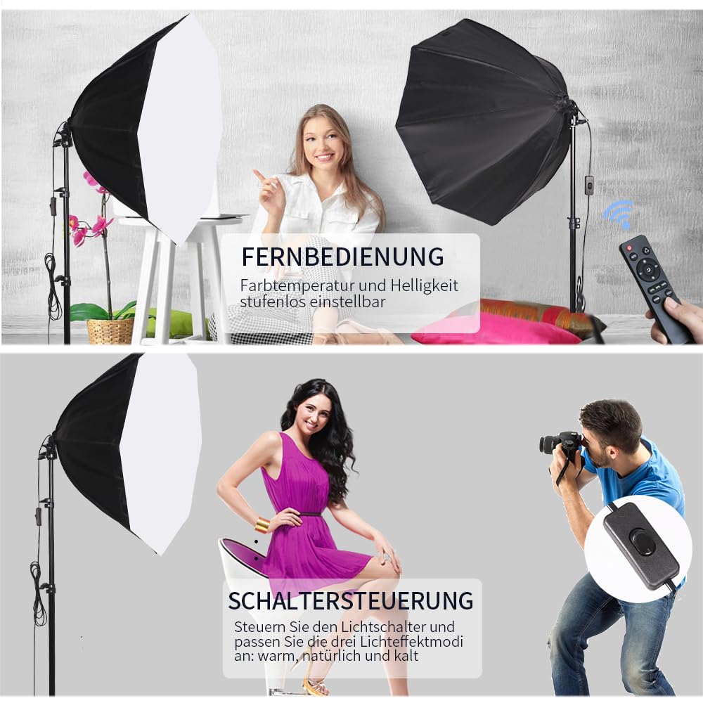 Set di 2 luci a LED ottagonali Softbox, attrezzature fotografiche sostenibili professionali 85 W, 3000 – 6500 K, fotografia di prodotti da studio, registrazione video, luce di riempimento