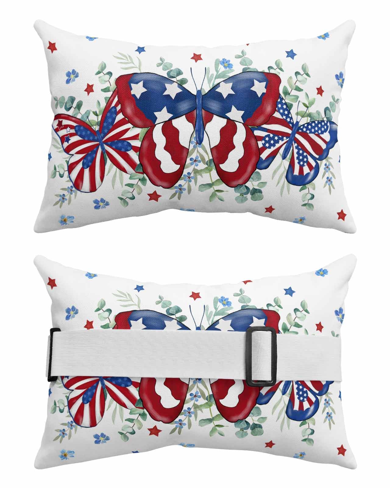 Anzona Pack of 2 4th of July Butterfly Lumbar Pillow Covers, Outdoor Waterproof Throw Pillow Covers Set, Blue Red Star Watercolor Botanical Decorative Cushion Case for Patio Beach, 11x16 Inch