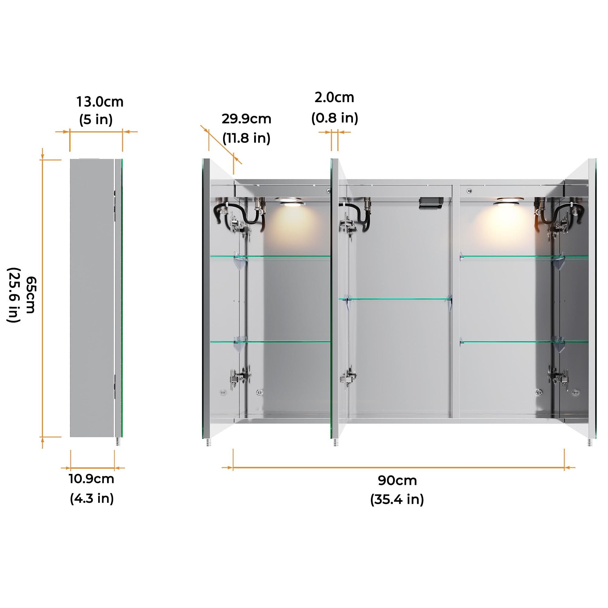 Armoire de salle de bain, 90 x 65 x 13 cm, Armoire de salle de bain avec éclairage et prise de courant, température de couleur réglable, acier inoxydable, fonction débuée, lumières réglables