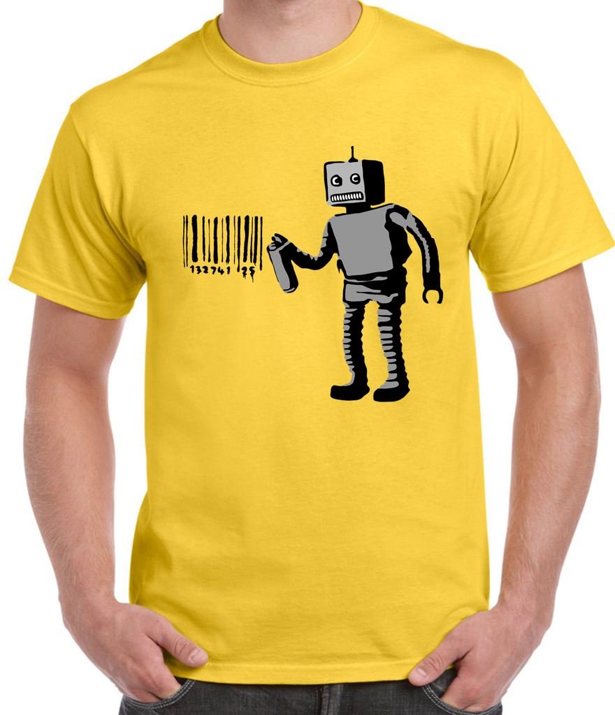Banksy Robot Barcode Men's T-Shirt (Small, Yellow)