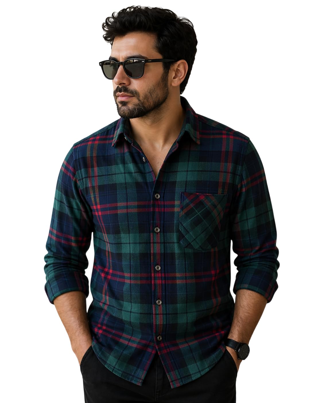 truehind Men's Plaid Casual Shirt, Full Sleeves, Button-Down, Red and Green Checked, Chest Pocket, Smart-Casual Style-picture-56