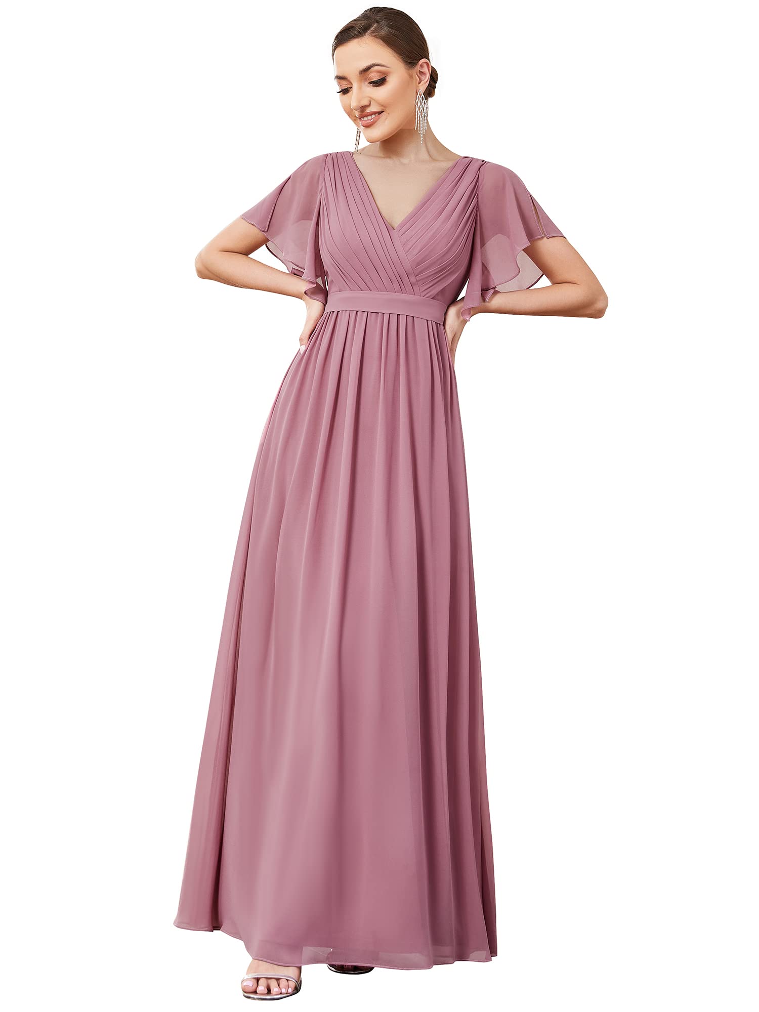 Ever-Pretty Vestido de Noche Largo para Mujer Escote en V Manga Corta Corte Imperio Plisado Elegantes 0164A