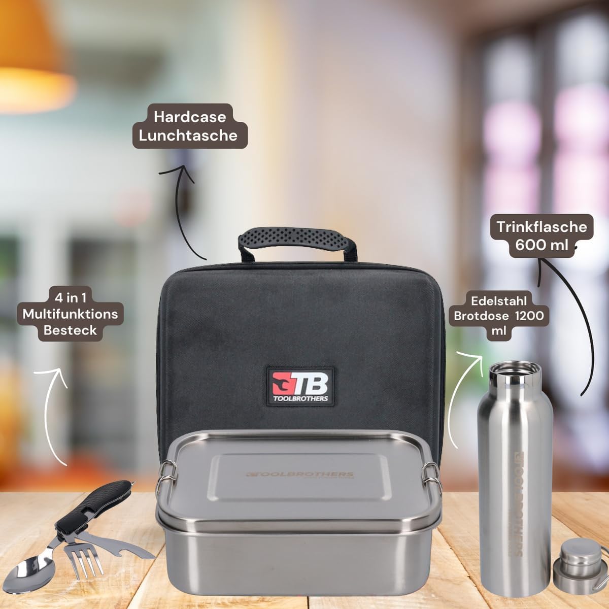 Toolbrothers Fiambrera en estuche rígido, resistente al agua, fiambrera de acero inoxidable + botella de acero inoxidable de 600 ml + cubiertos multifunción 4 en 1 (tapa de acero inoxidable de 1200