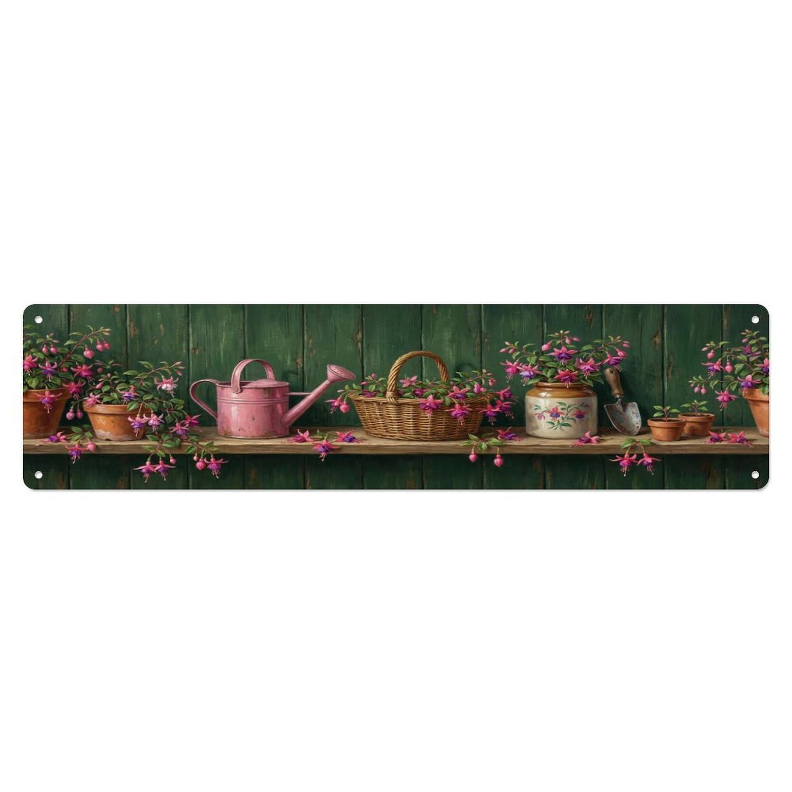 Floral Garden Tools Fuchsia Pot Pattern Print Metal Tin Sign