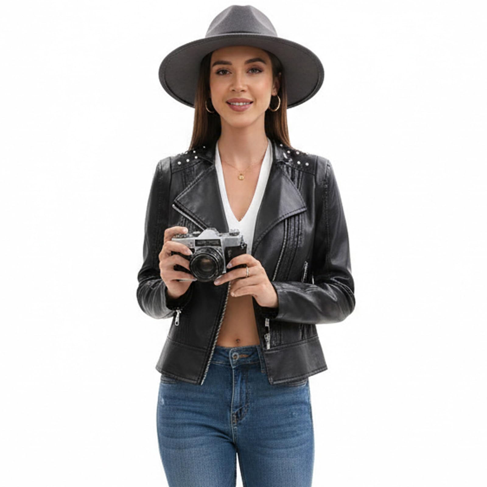 Chaqueta de Cuero Mujer Remaches Moto Corta Cazadora Cremallera chaqueta entretiempo