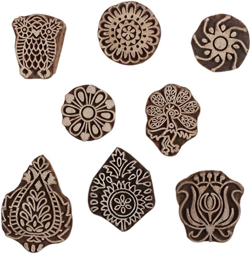 Indian Shelf Vocalforlocal Handmade Brown Set of 8 New Mix Wooden Printing Block