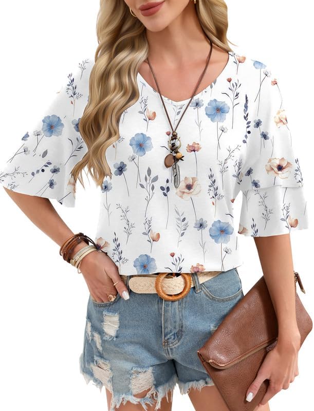 Misakia Womens Short Sleeve Tops Summer V-Neck Blouses Spring Ruffle Sleeve Tunic Casual T Shirts Bell Sleeve Cute Tee 2026