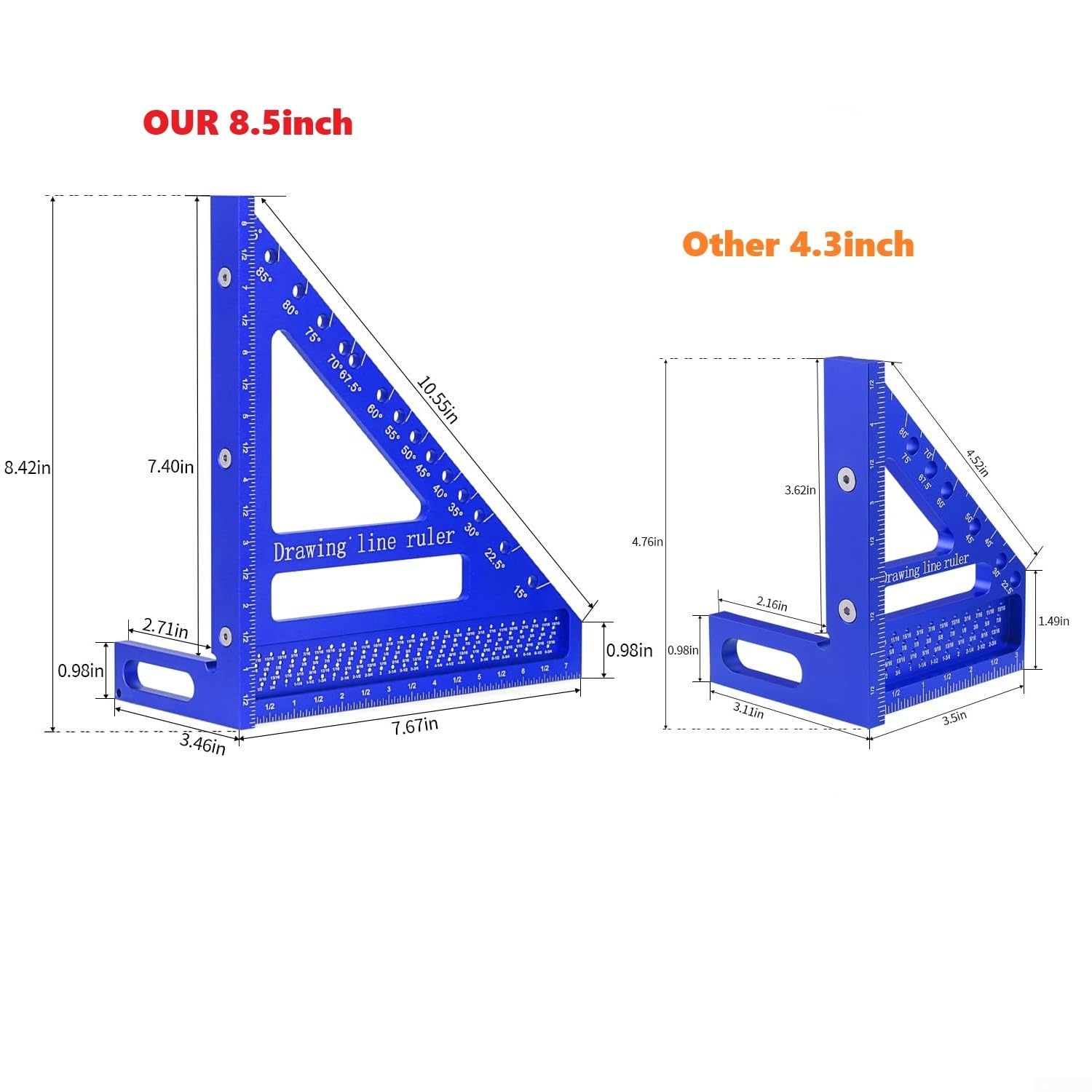 Équerre de travail du bois 21,6 cm 3D multi-angles en alliage d'aluminium pour outil de mesure d'angle Bleu