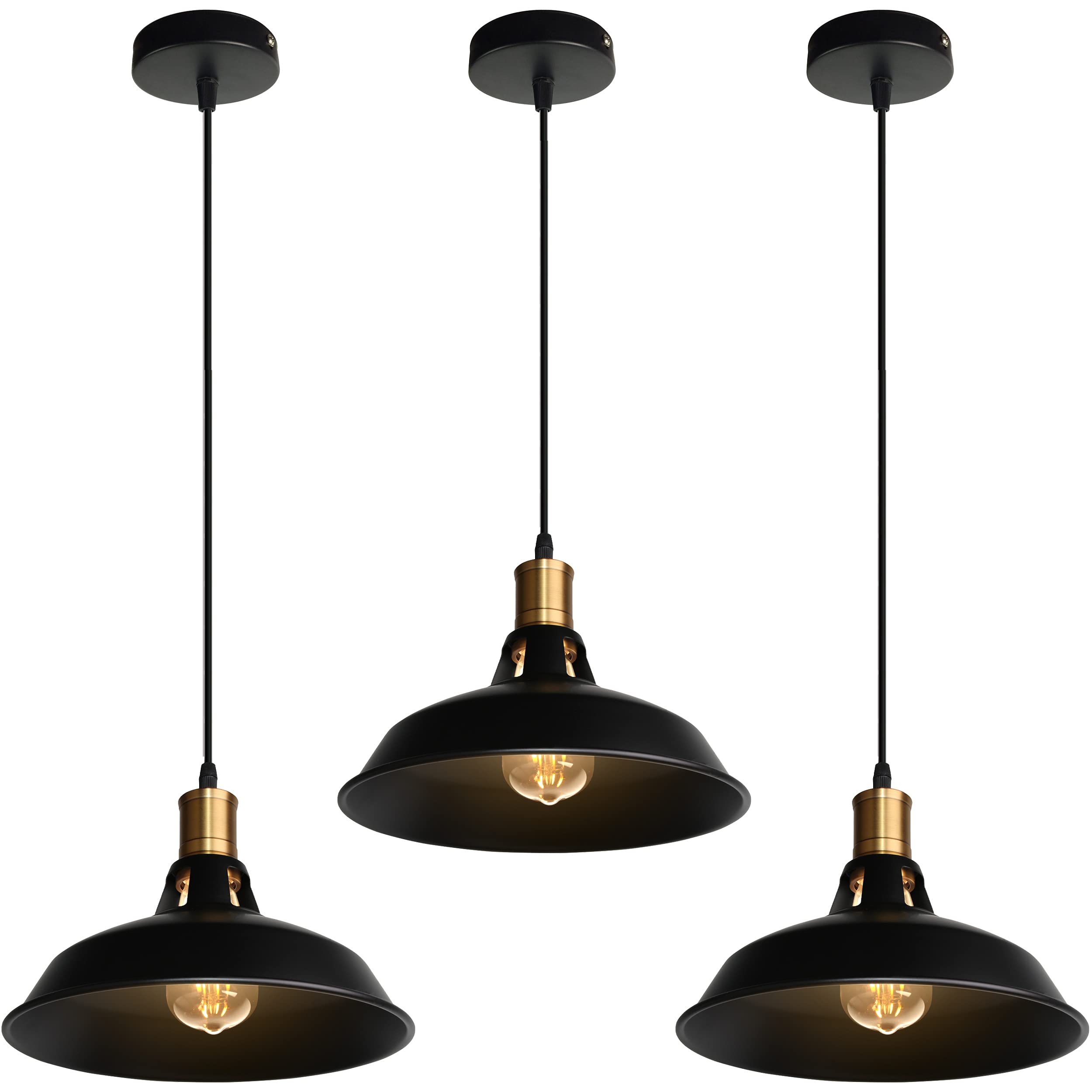 Lámpara Colgante Vintage, Ø27cm Lámpara de Techo Retro de Metal Industrial E27 Lámpara Araña para Comedor Cocina Restaurante, 1m Cable (Negro, 3 Piezas)