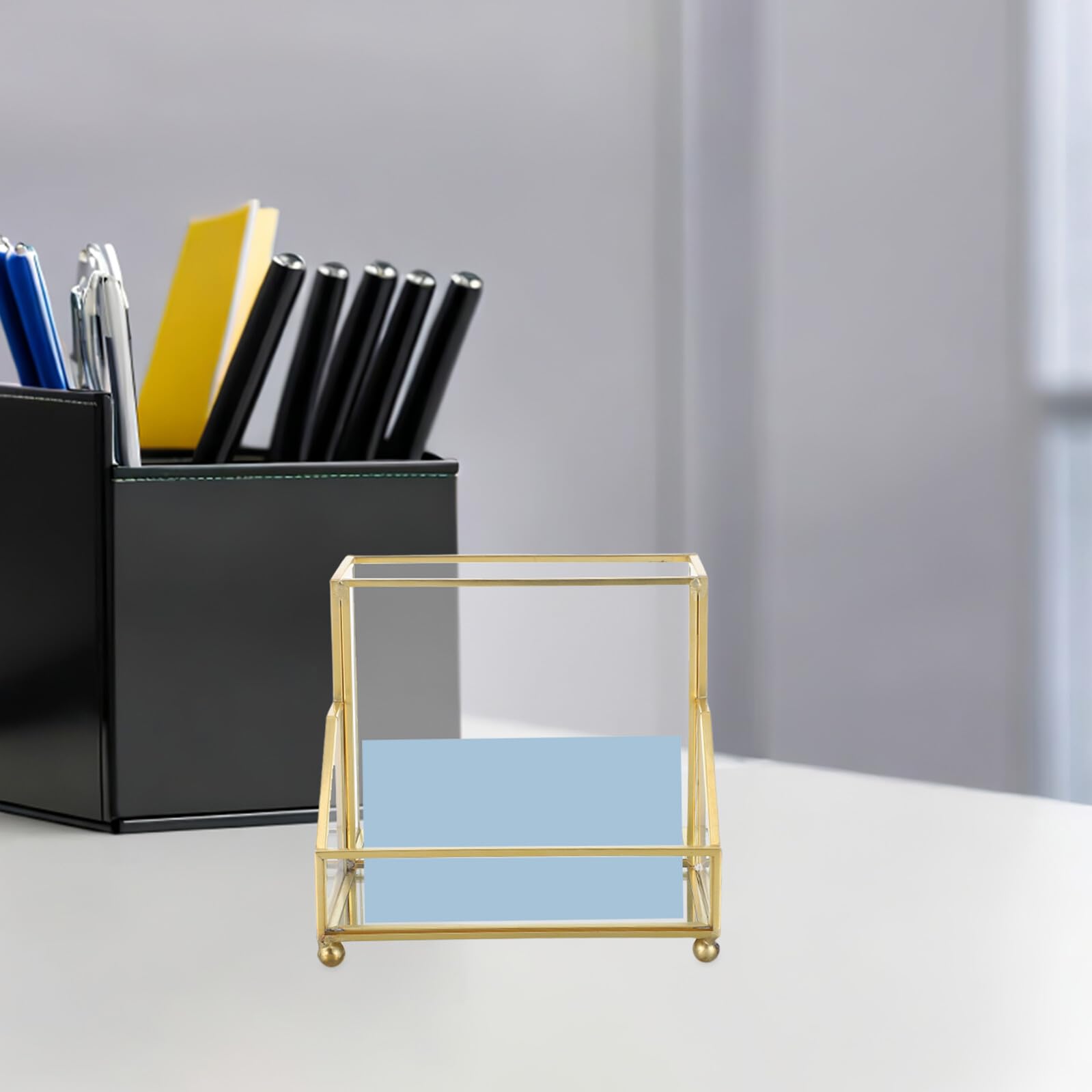 Tarjetero de Vidrio E Hierro con Marco Dorado para Escritorio | Borde Dorado Elegante, Uso en Mesa y Oficina, Intercambio Rápido de Tarjetas