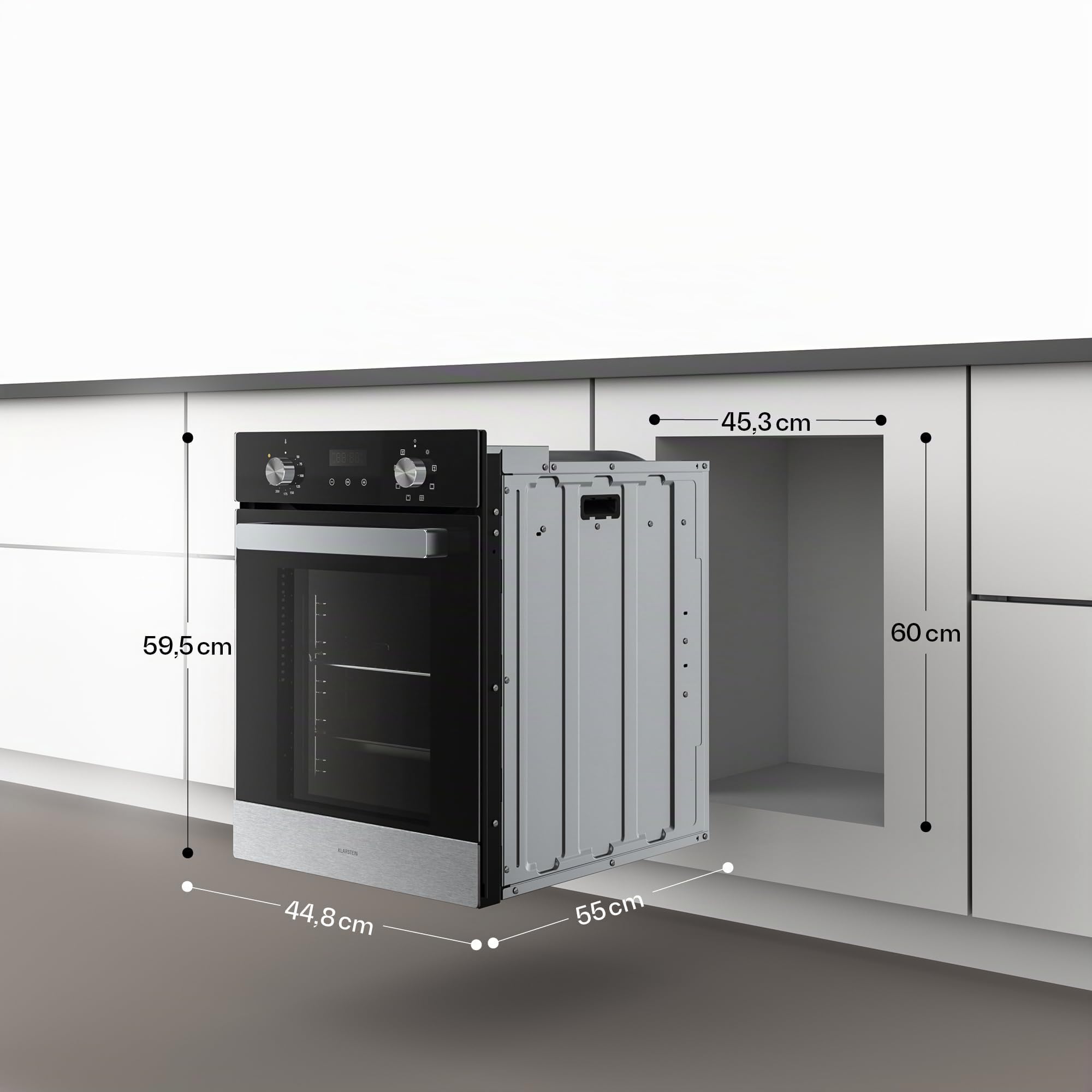 Klarstein Verosteel Four Encastrable 45 cm - 49L, 8 Modes, Classe A, Nettoyage Facile, Commande Rotative, Porte Double Vitrage, Four Électrique Encastrable Inox & Verre Noir