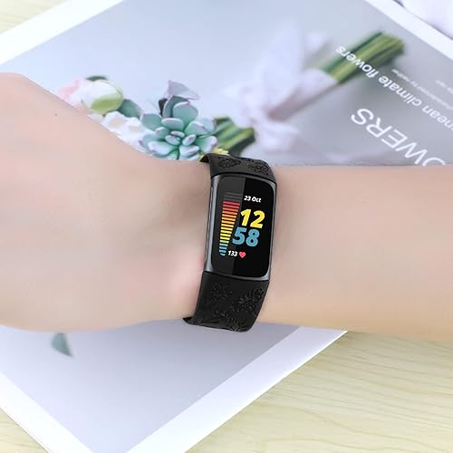 Miniatura 4 de Bandas grabadas con flores compatibles con Fitbit Charge 5Charge 6 bandas para mujer, lindo grabado floral, correa deportiva de silicona suave,