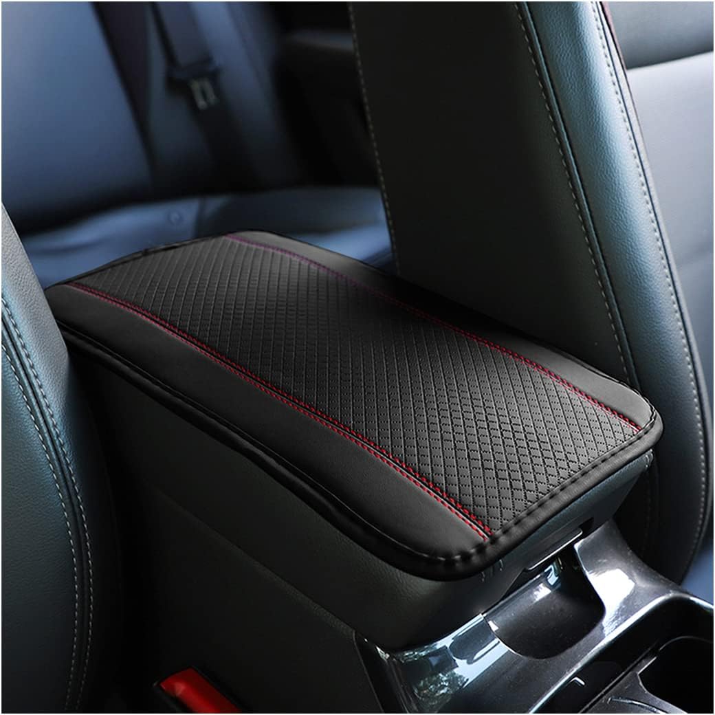 8sanlione Car Armrest Storage Box Mat, Fiber Leather Car Center Console Cover, Car Armrest Seat Box Cover Accessories Interior Protection for Most Vehicle, SUV, Truck, Car (Black/Red)
