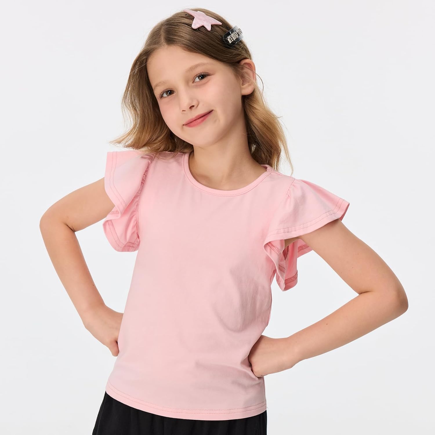 Girls Summer Shirts Kids Striped Ruffle Sleeve T Shirts Crew Neck Casual Tops Cute Short Sleeve Tees 5-14 Years - Image 8