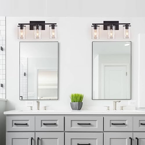 Miniatura 4 de Lámparas de baño de níquel cepillado, lámparas clásicas de tocador con 3 lámparas de pared de metal moderno con pantalla de vidrio transparente para