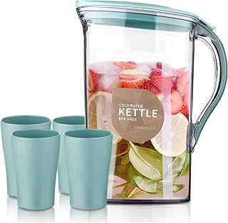 Angju Fridge Door Water Pitcher With Lid And 4 Cups Perfect for Making Tea, Juice And Cold Drink, 2.1L Water Jug Made of Clear PET, No Smell Clear Fiber Glass Carafe BPA free