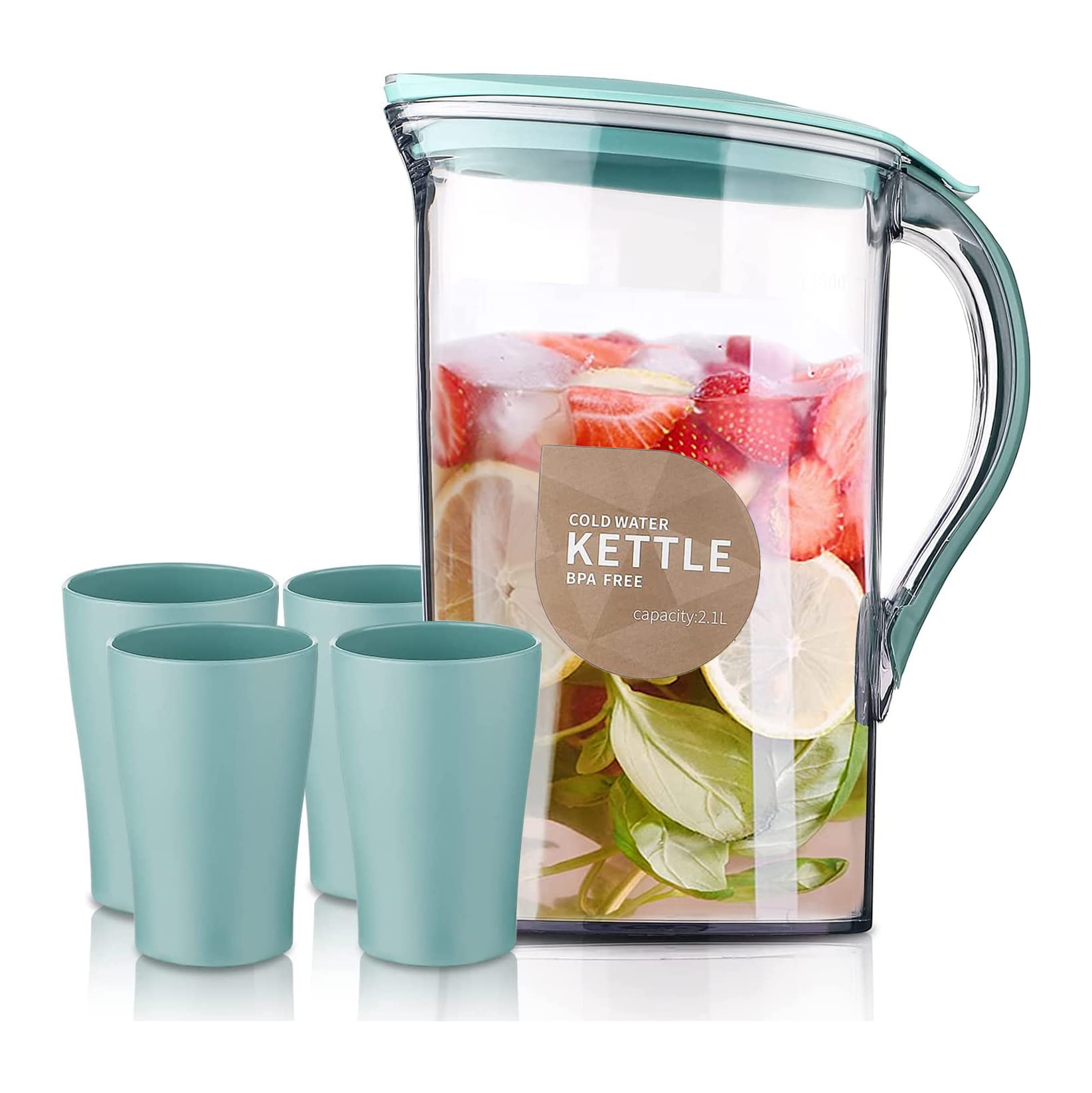 Angju Fridge Door Water Pitcher With Lid And 4 Cups Perfect for Making Tea, Juice And Cold Drink, 2.1L Water Jug Made of Clear PET, No Smell Clear Fiber Glass Carafe BPA free