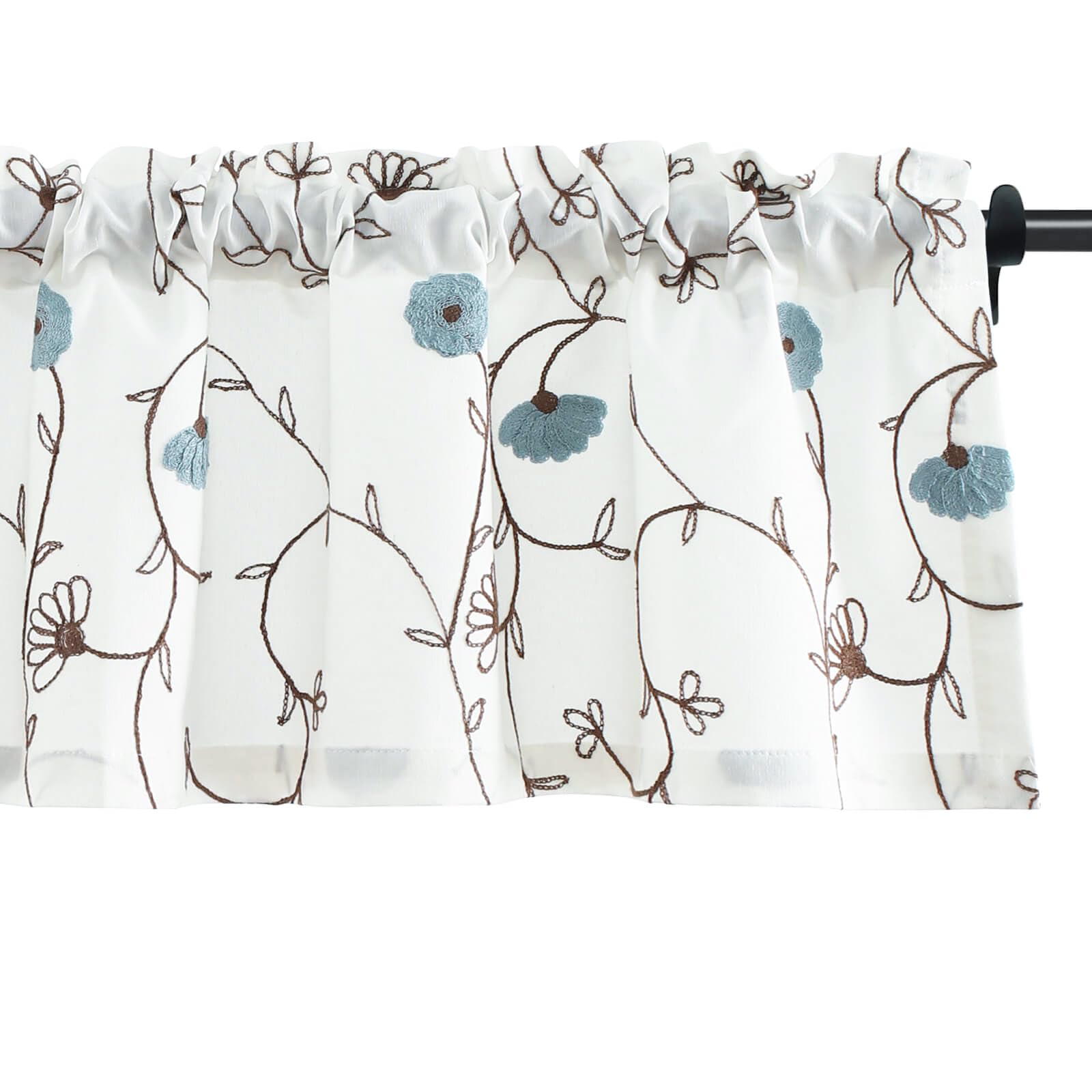 VOGOL Blue Floral Embroidery Kitchen Valance for Windows, 52×14", 1 Panel