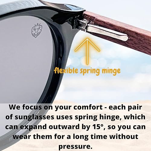 Miniatura 5 de Gafas de sol redondas de acetato negro brillante, con patillas de madera marrón, con lentes polarizadas grises, ligeras y cómodas, Bonventre Black