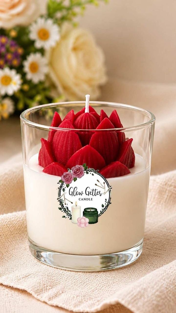 Glow Getter Lotus Flower Scented Candle for Home Decor | Handmade Soy Wax Glass Jar Candle for Relaxation & Meditation | Aesthetic Candle for Bedroom, Spa & Gifting (RED)-image-33