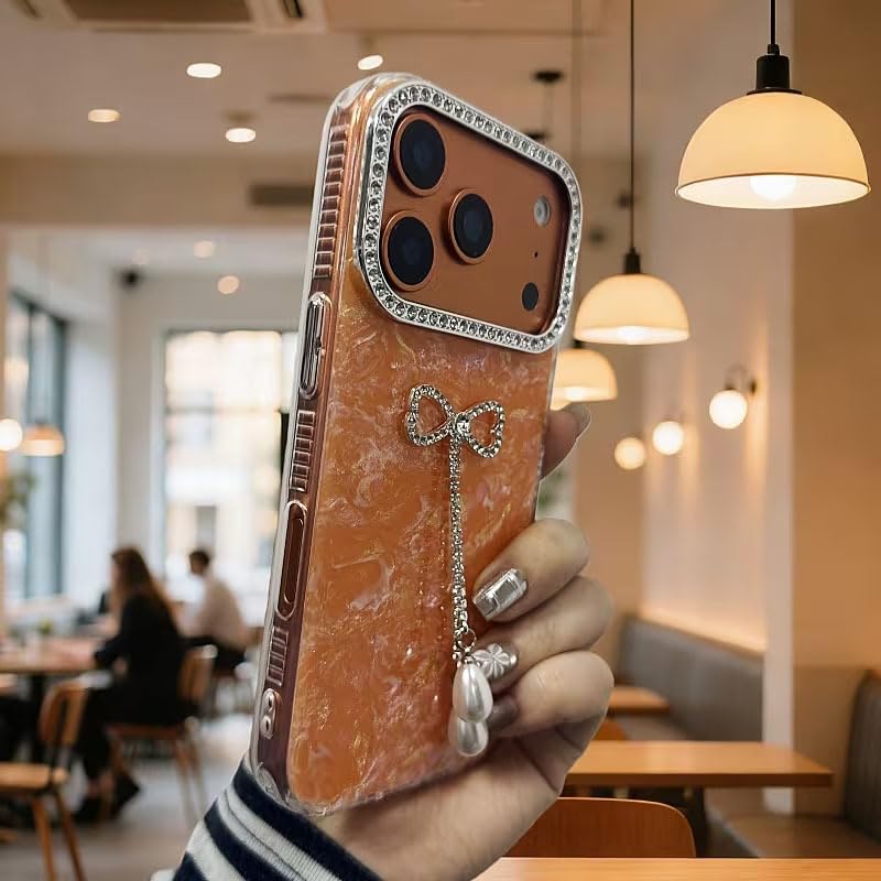 Image of mobistyle Compatible with iPhone 17 Pro Max | Shell Pattern with Bow Tassel and Daimond Camera Lens Protection Back Cover Case for Women Girls iPhone 17 Pro Max (Orange)