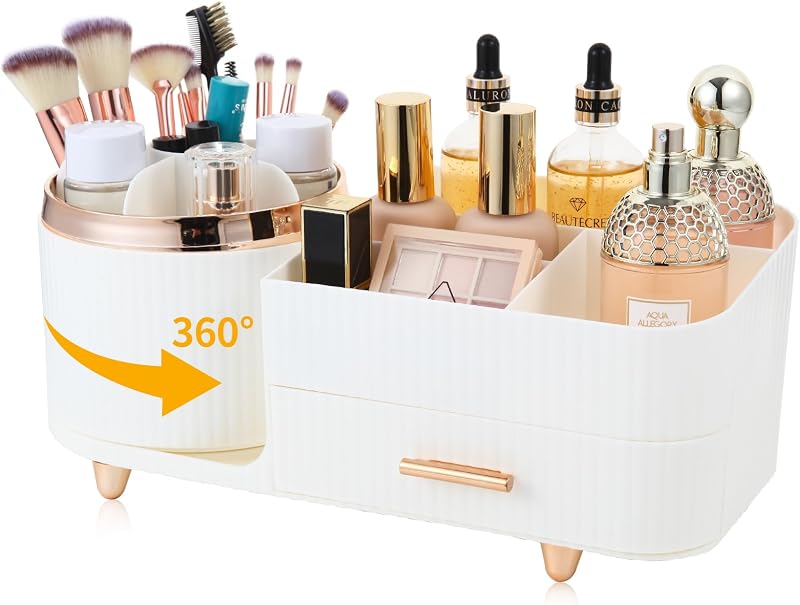 Organizador de maquiagem Zufudo com gaveta e suporte giratório 360°, 3 compartimentos, branco, Modelo 3016, 1 unidade