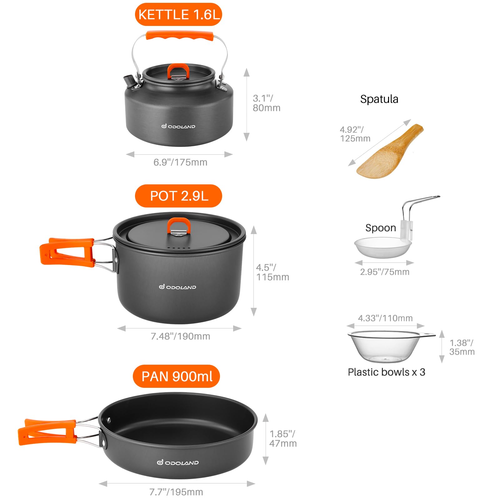Odoland Camping Kochgeschirr Set, 10 Teilige Outdoor Geschirr Set mit Camping Topf, Camping Bratpfanne und Teekannen für Camping Outdoor Kochen Wandern Reisen