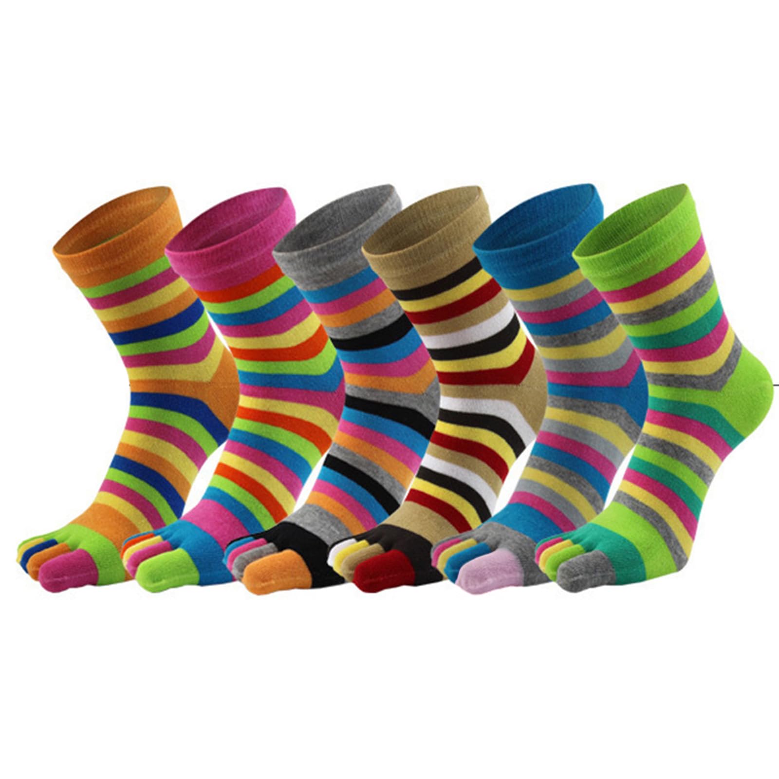 Nihenhao Women's As Pic Shows 6 Pairs Finger Socks Rainbow Striped Toe Separated Hosiery Cotton