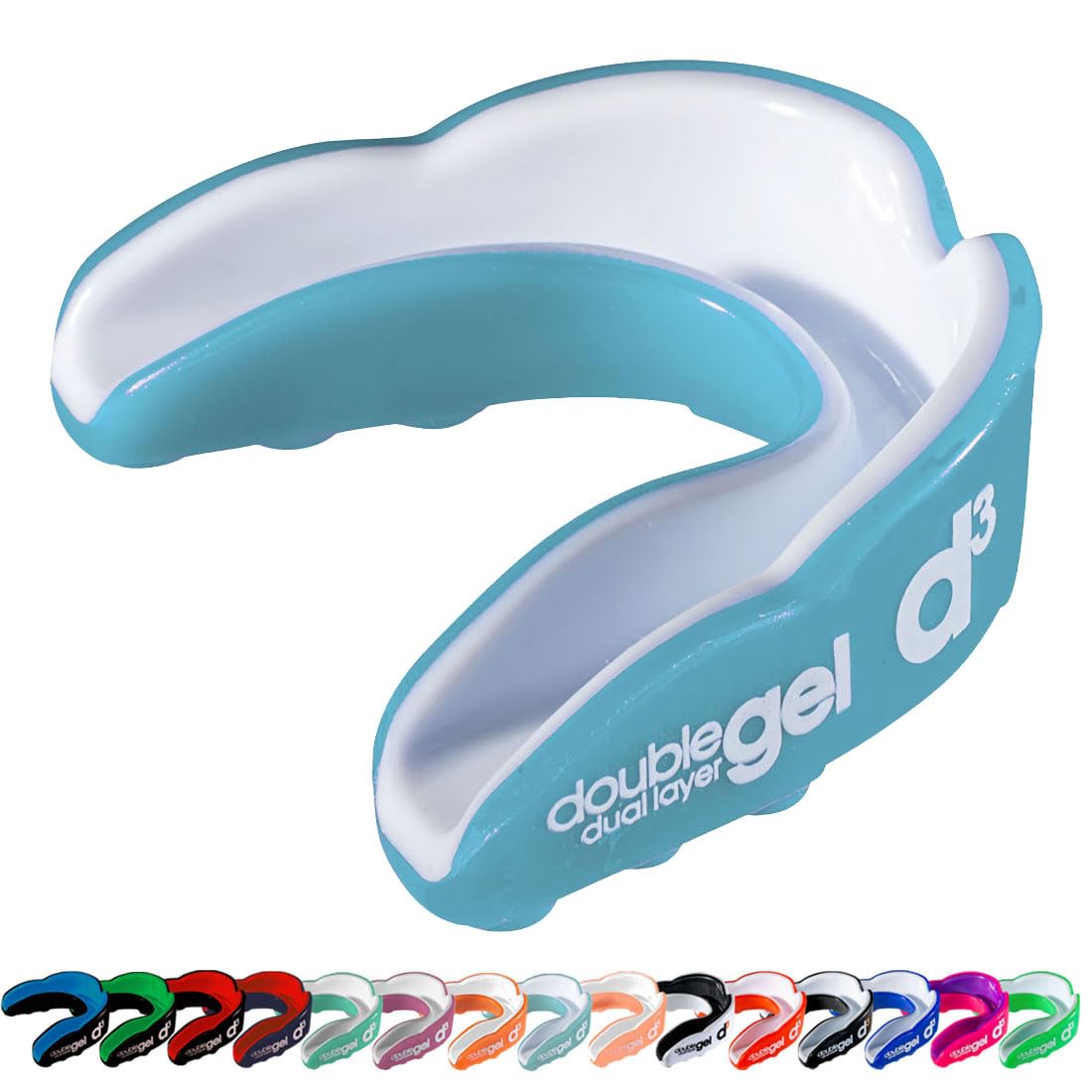 d3 Double Gel Mouthguard wth Case (Sky Blue/White, Adult (12+)) Gum Shield for Boxing, MMA, Contact Sports, Rugby, Martial Arts, Judo, Karate, Hockey