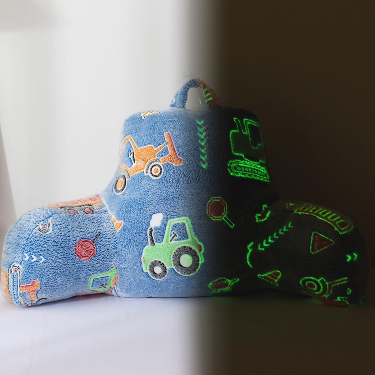 Holawakaka Boys Glow in The Dark Construction Truck Reading Pillow, Backrest Pillow with Excavator, Tractor & Crane Print, Soft Luminous Flannel Bed Rest Back Cushion for Kids, Teens Gifts