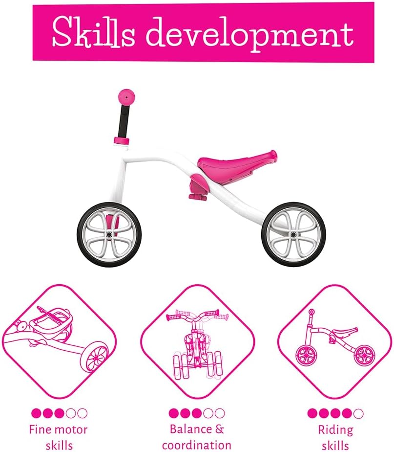 Chillafish Quadie: Stable 4-wheel “Grow-with-Me” Ride-On, 3 Seat Positions with Cookie Storage in the Seat, Silent Non-Marking Wheels and Customization Stickers, Ages 1-3, Pink