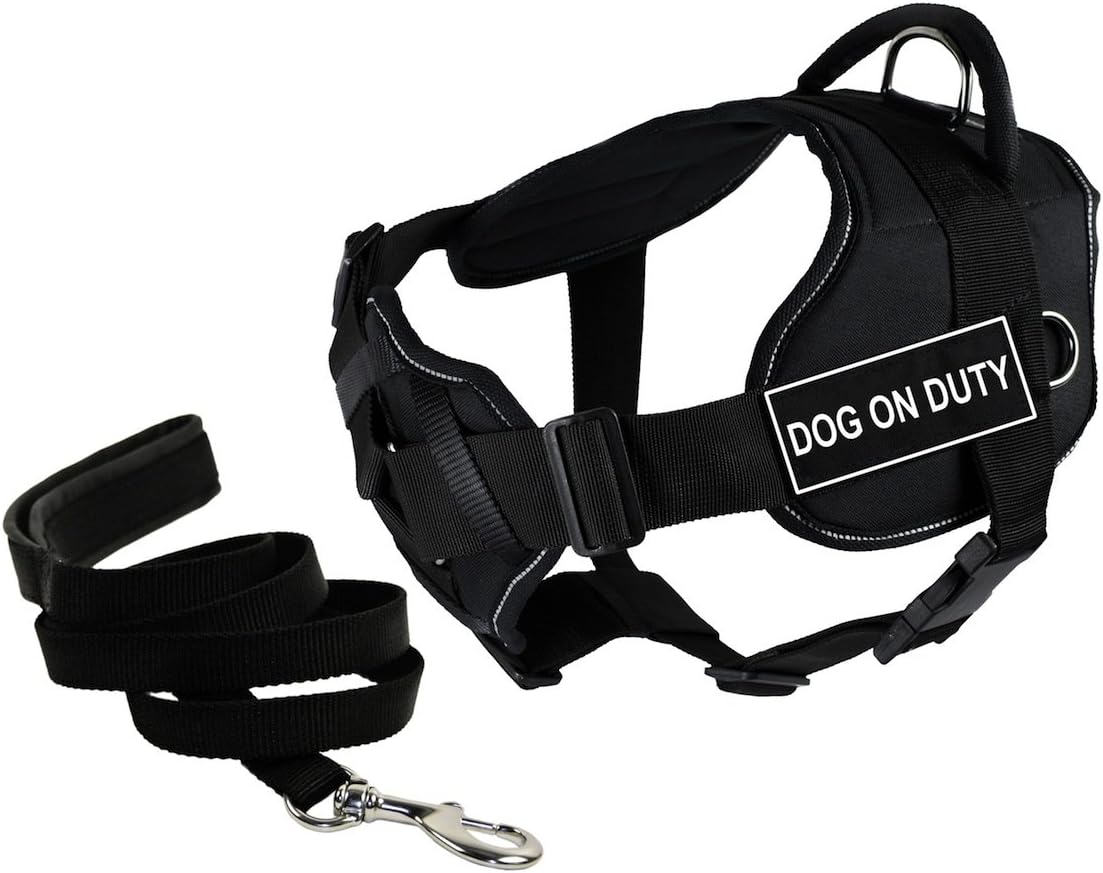 Dean & Tyler Bundle of 34 to 47-Inch DT Fun Harness with Chest Support, X-Large, Reflective Trim and 6-Feet Stainless Snap Padded Puppy Leash, Black, Dog on Duty