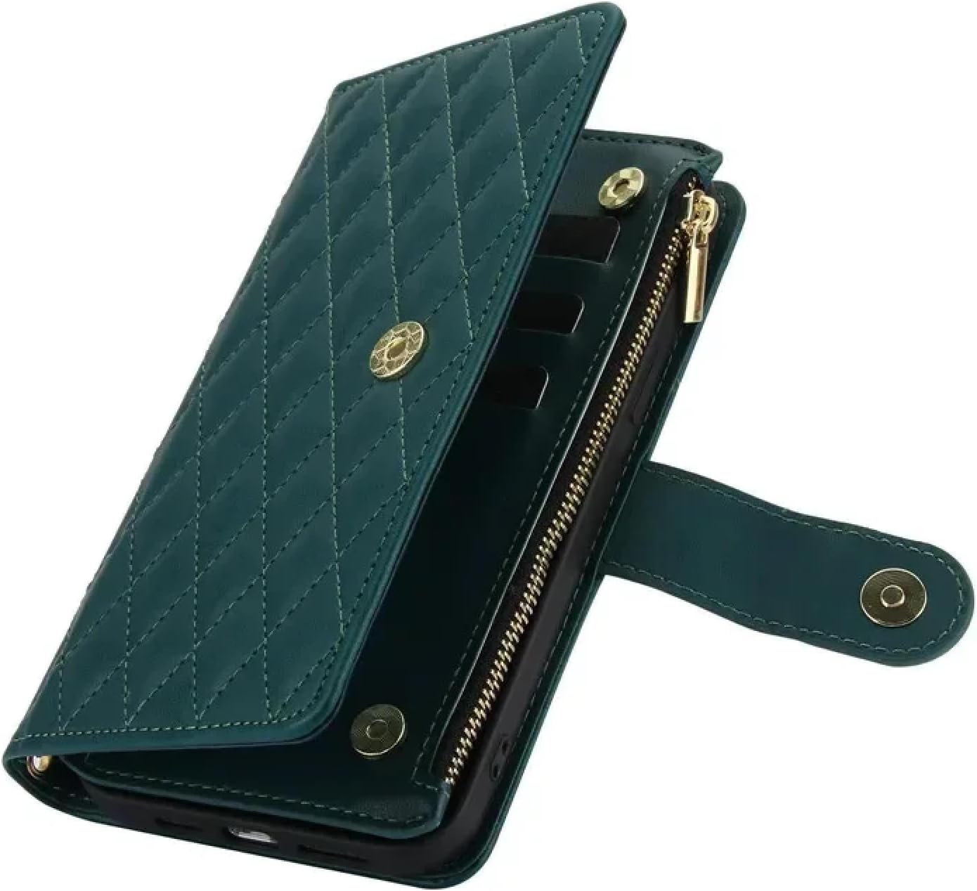 for iPhone 15 Pro Max Wallet Case, Long Lanyard Leather Zipper Card Phone Case Flip Cover with Ring Holder, Green