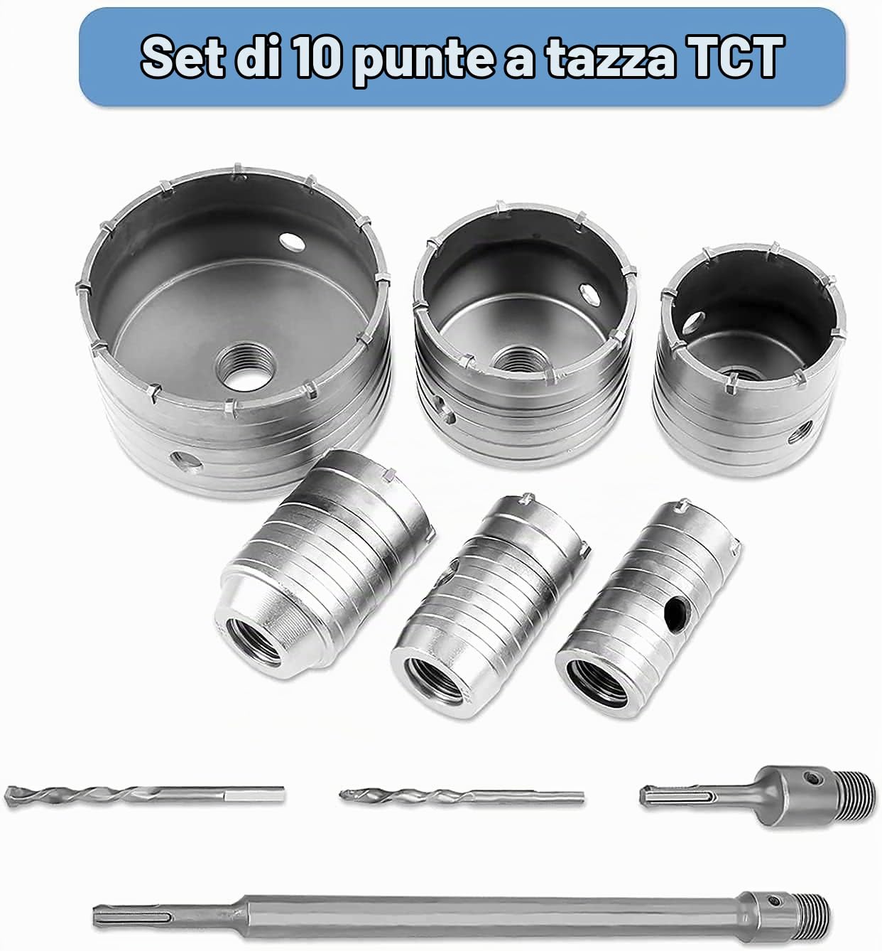 Frese Carotatrici a Tazza, Set Seghe a Tazza Trapano, Fresa a Tazza per Muro Cemento, 10 pezzi Carotatrice Muro Punte, 35mm/40mm/50mm/65mm/82mm/110mm prolunga trapano SDS Plus marapano