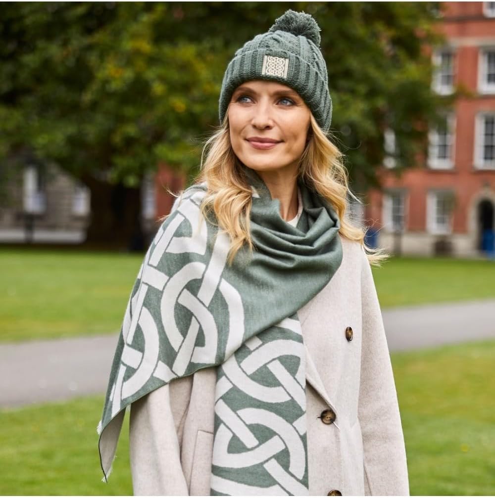 Patrick Francis Irish Green Cable Knit Bobble Hat Celtic Head Accessories for Women Cold Weather, 100% Acrylic
