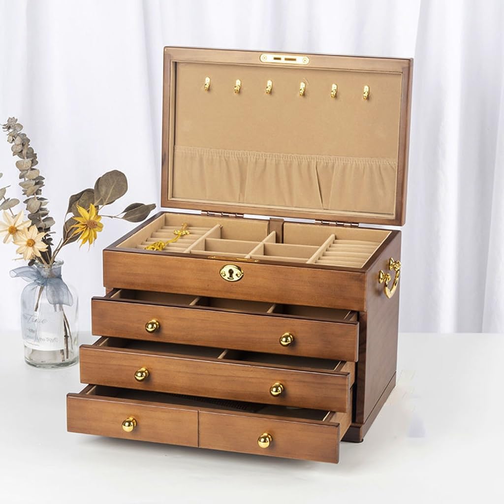 JSEIAJB Retro Jewelry Box with Lock Wooden Chinese Household Flannel Storage