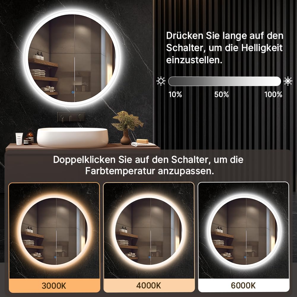 80cm Runder Badspiegel mit Beleuchtung, 3D Edge Lighting, 3 Farbtemperaturen, Dimmbar, Badezimmerspiegel mit Beleuchtung, Entfogging, Speicherfunktion, Modernes Design, HD, Touch-Schalter