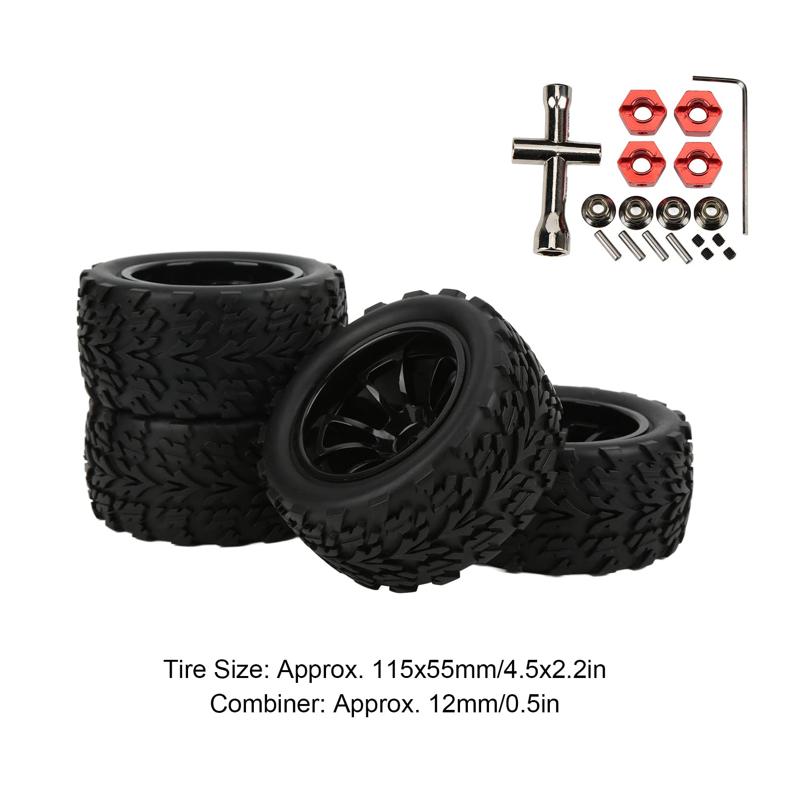 Opony gumowe RC Plastikowe felgi Trwały, wysokiej wydajności Zestaw kół z 10 szprychami do Truck 1/8 1/10 Samochód zdalnie sterowanym Czarny 115x55mm 4szt
