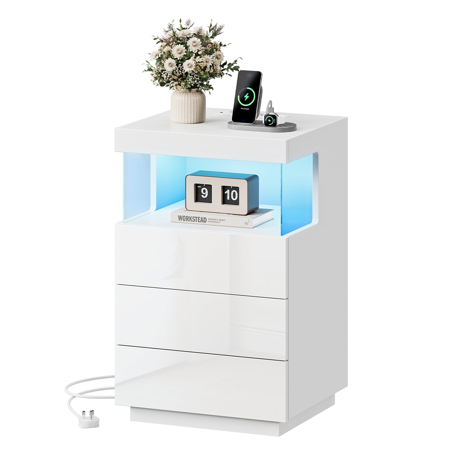 Dripex Bedside Table with Charging Station - High Gloss Side Table with 3 Drawers, Adjustable LED Lights, 2 AC Outlets & 2 USB Ports, Bedside Cabinet for Bedroom, Living Room, Office and Study (White)