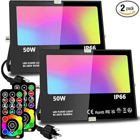 MELPO Led Flood Light 500W Equivalent, RGBW Led Outdoor Lights Colored Floodlight with Remote,50W,5000ML 2700K,120 Colors, Timing, Dimmable, Custom Modes, Landscape Lighting (2 Pack)
