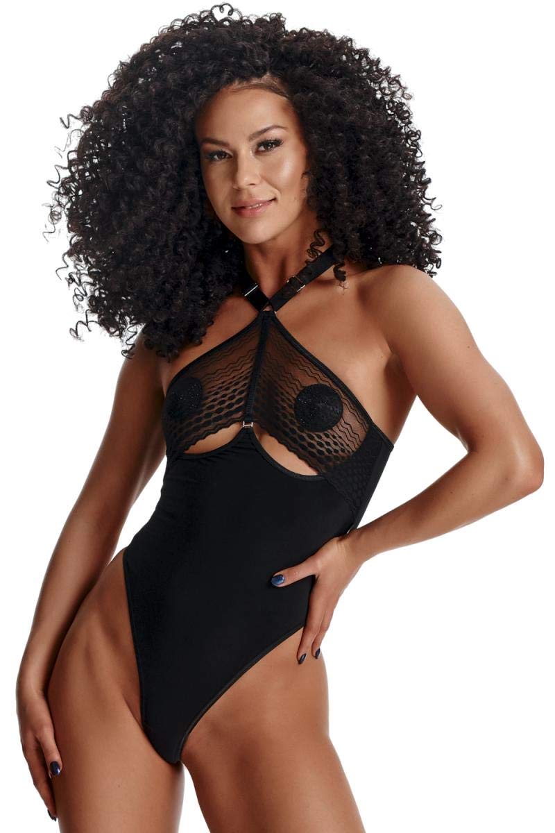 Demoniq Schwarzer Frauen Dessous String Body Blickdicht aus Netzstoff, Gummibänder und transparenter Spitze elastisch