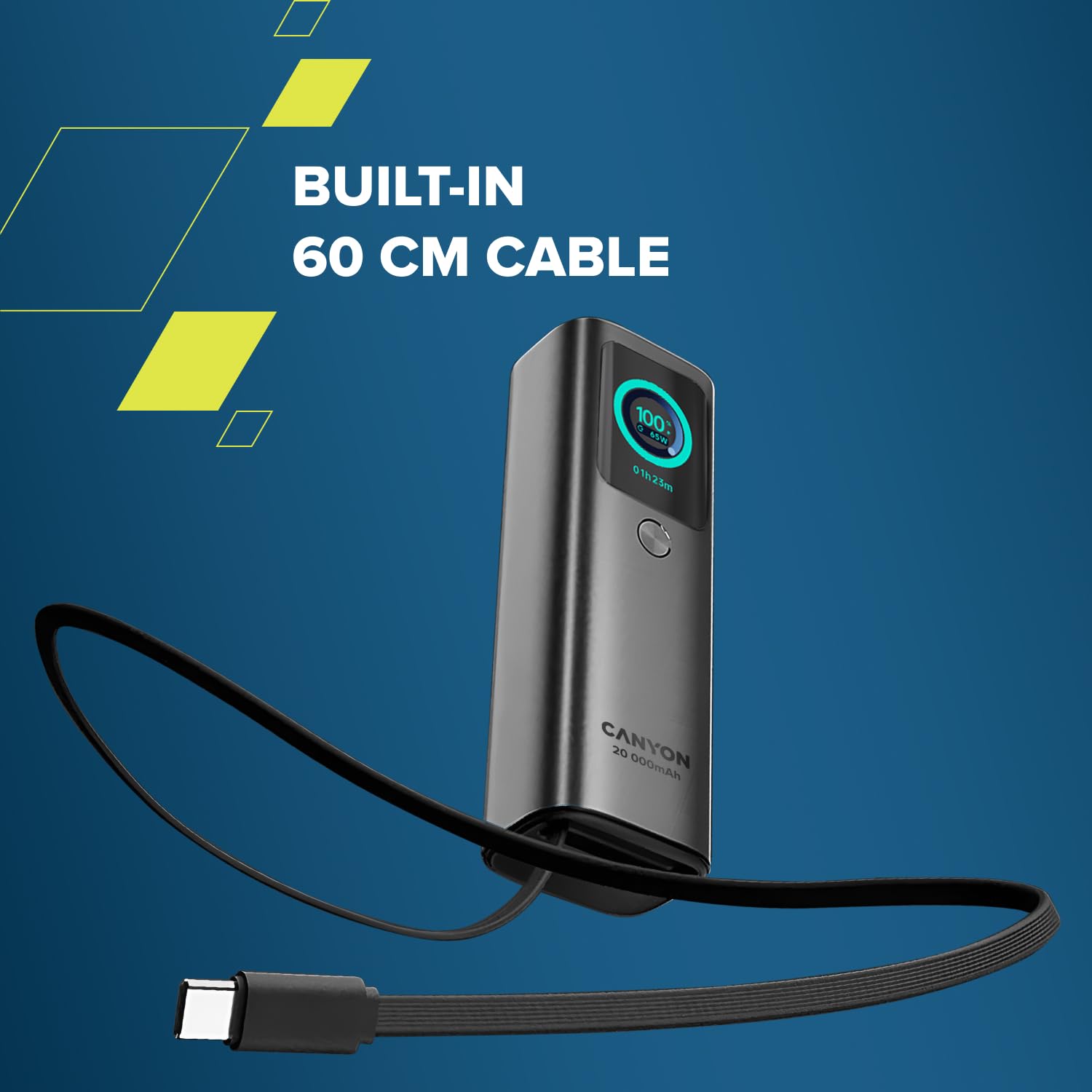 CANYON OnPower 265 Power Bank 20000 mAh 165 W, Dual 100 W USB-C, USB-A, cavo USB-C integrato da 60 cm, display TFT, approvato dalle compagnie aeree, grigio scuro