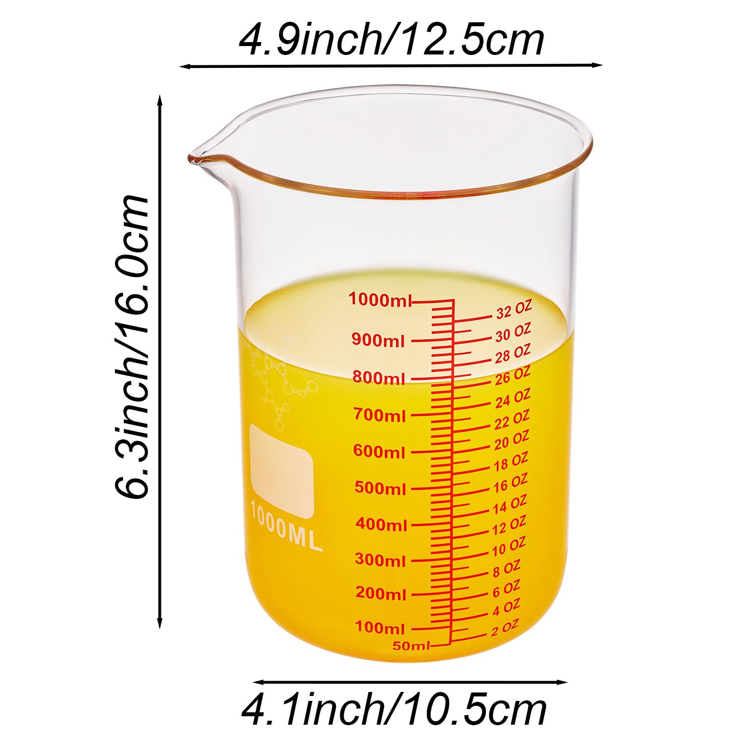 Vaso medidor de vidrio de borosilicato alto, boquilla en forma de V, 1000 ml, vaso medidor de vidrio para cocina o restaurante, fácil de leer